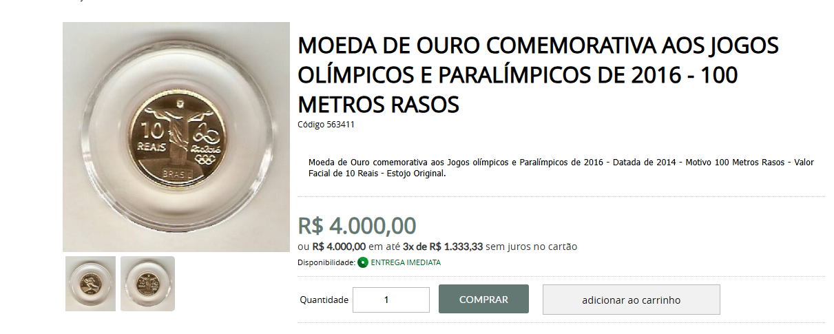 Moeda 10 reais em ouro sendo vendida a R$ 4 000 00