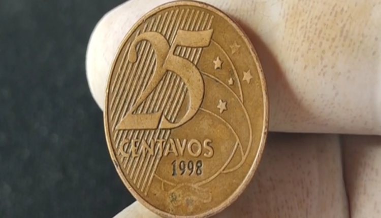 Moeda de 25 centavos 1998 com reverso horizontal