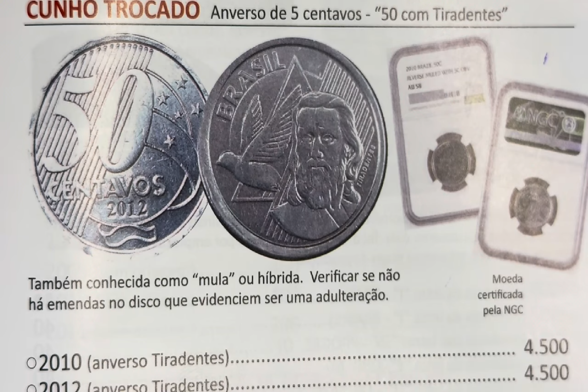 Moeda 50 centavos cunho trocado reverso 5 centavos