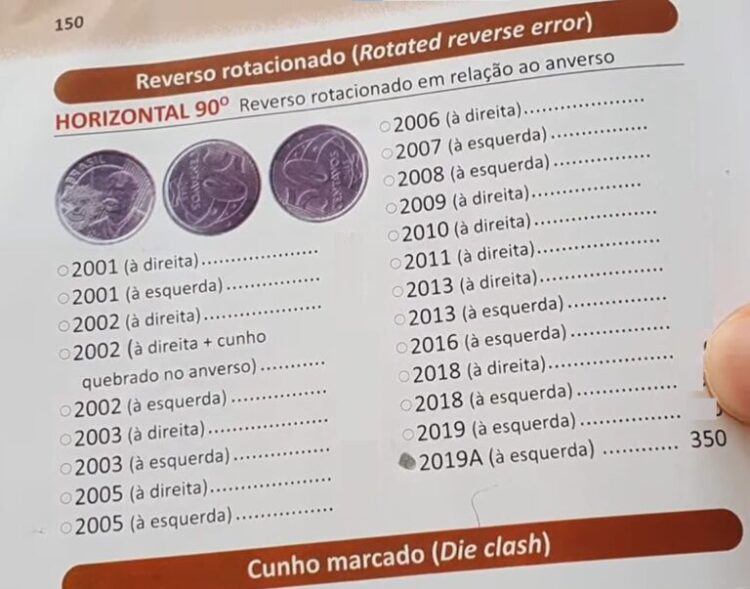 Moeda de 50 centavos com reverso horizontal 90º. 