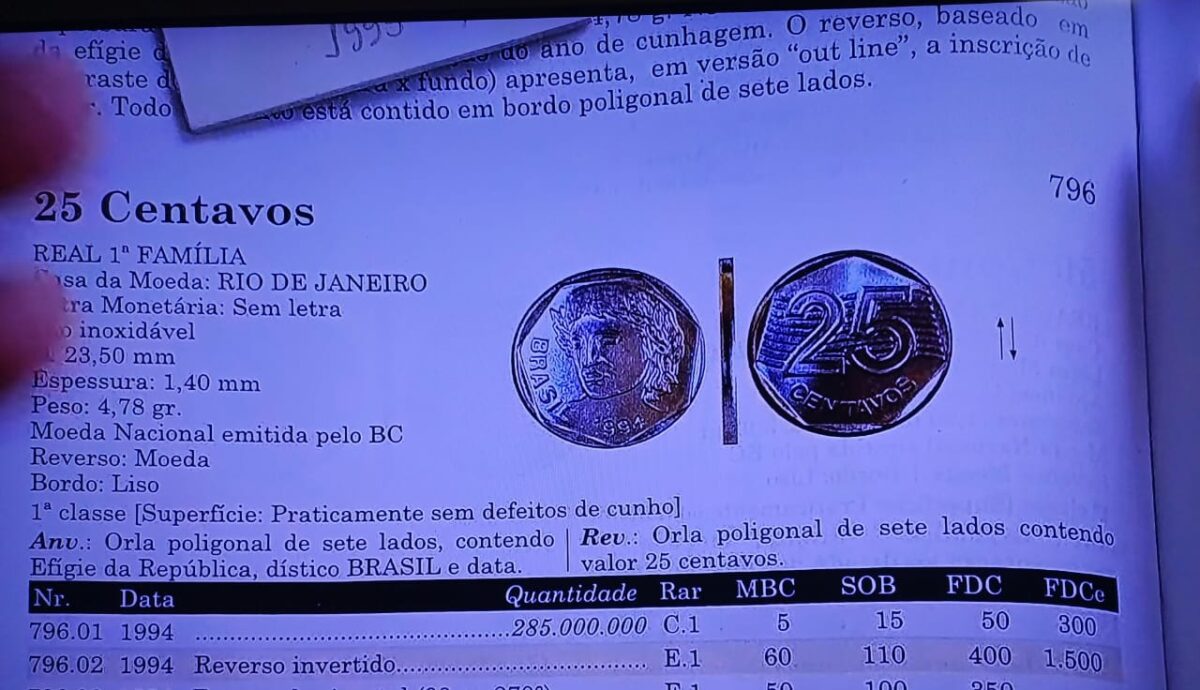 Moeda de 25 centavos de 1994 tem uma variante raríssima; veja como identificar