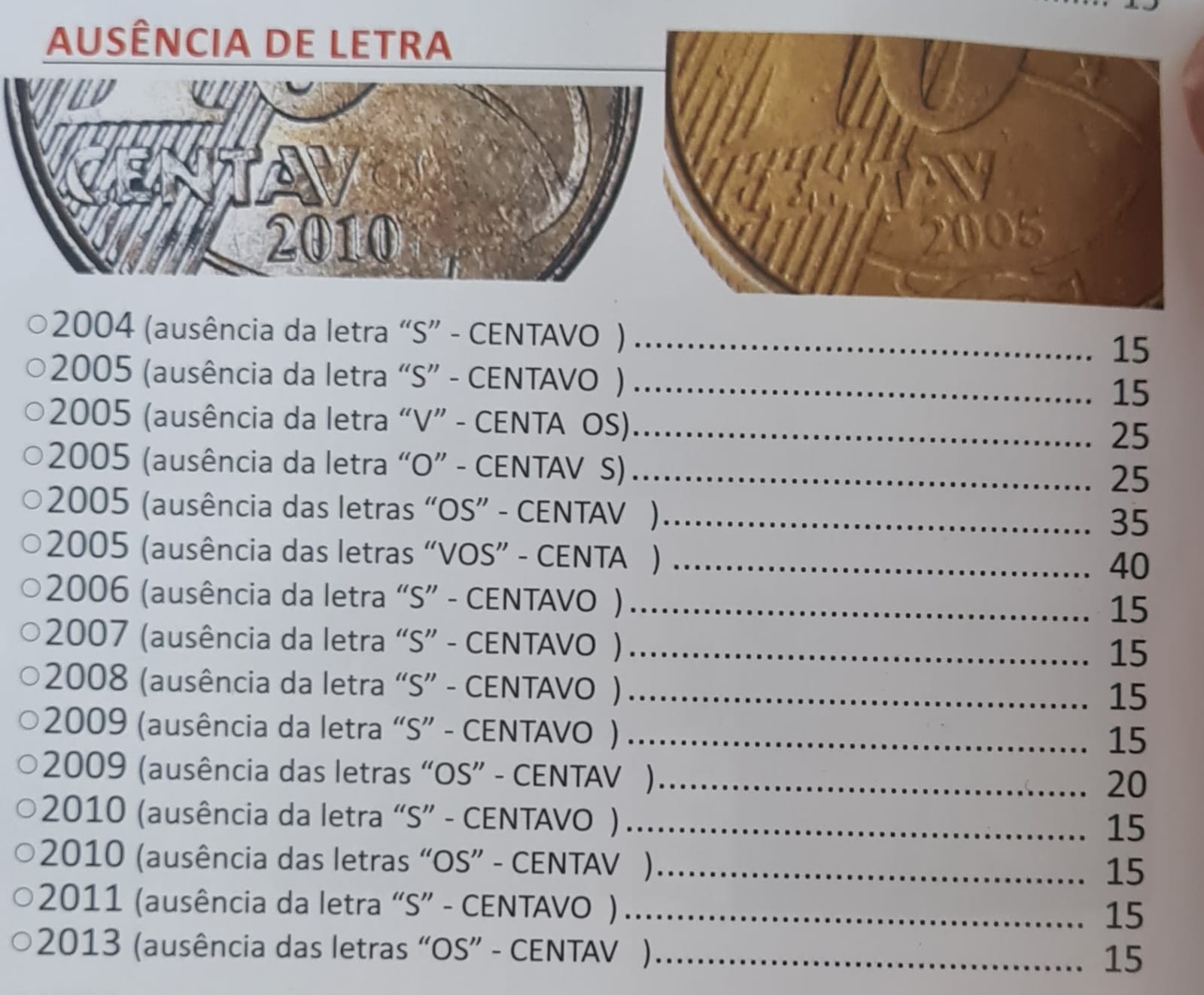 Valores das moedas de 10 centavos com ausência de letras