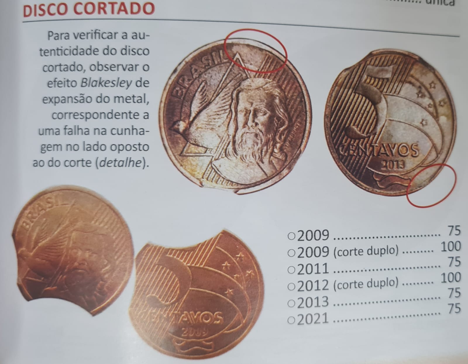 Moedas de 5 centavos com disco cortado