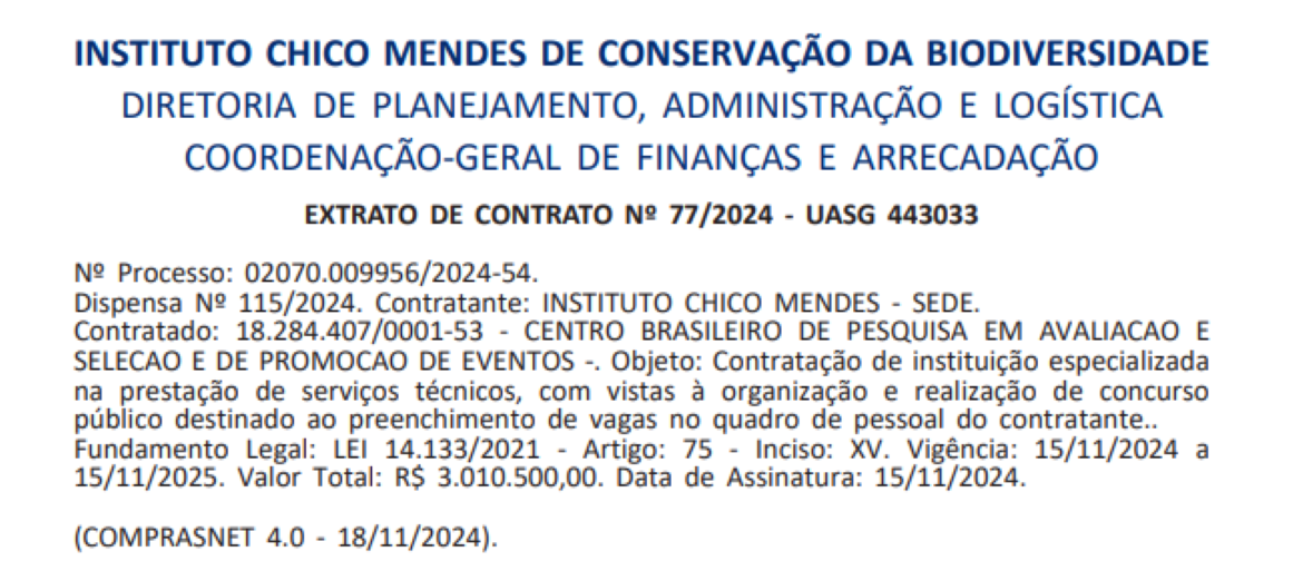 Extrato de contrato do Concurso ICMBio. Imagem: Diário Oficial da União.