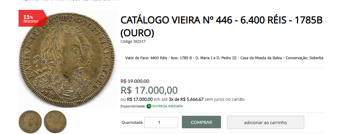 Moeda 6.400 reis de 1785 a venda