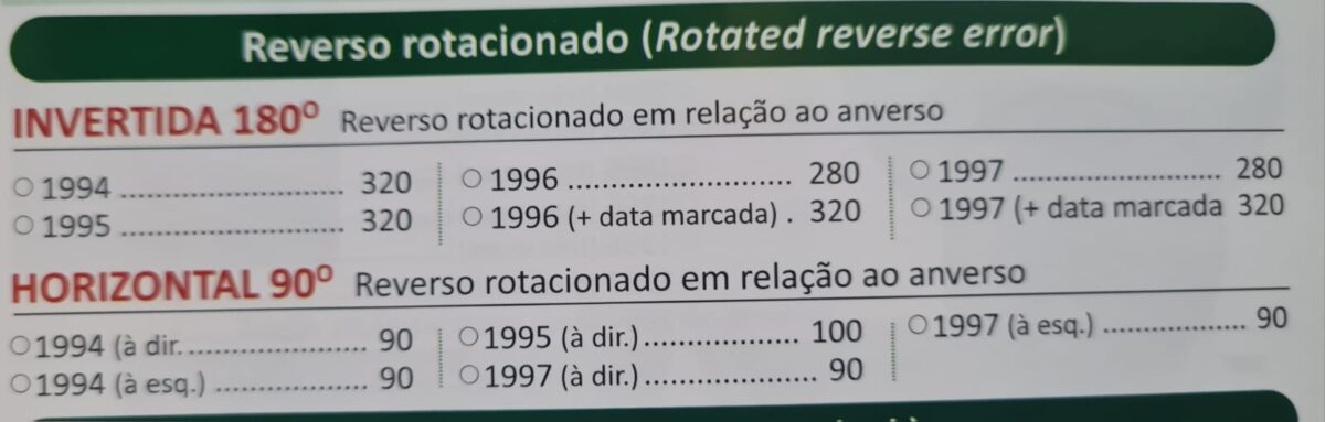 Valor das moedas de 1 centavo com reverso invertido e horizontal