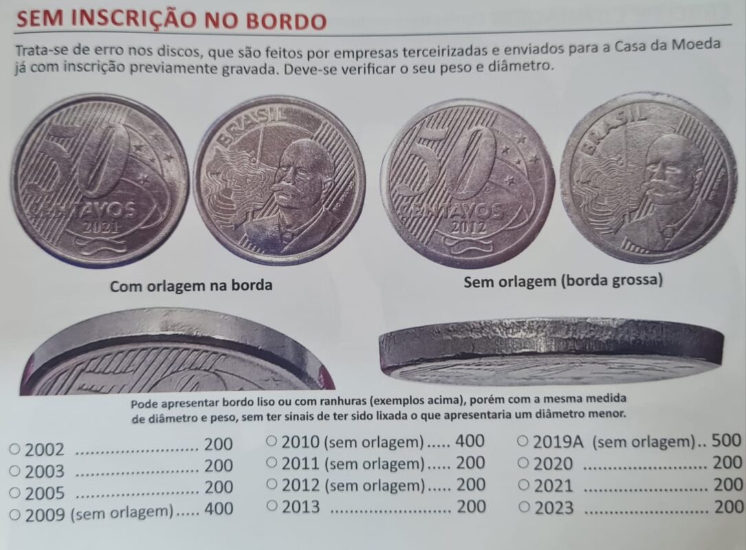 lista de moeda de 50 centavos com erros