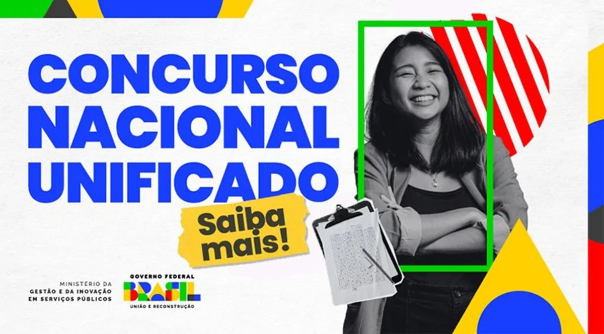 Arte promocional do Concurso Nacional Unificado 2025 com jovem sorrindo e elementos gráficos coloridos