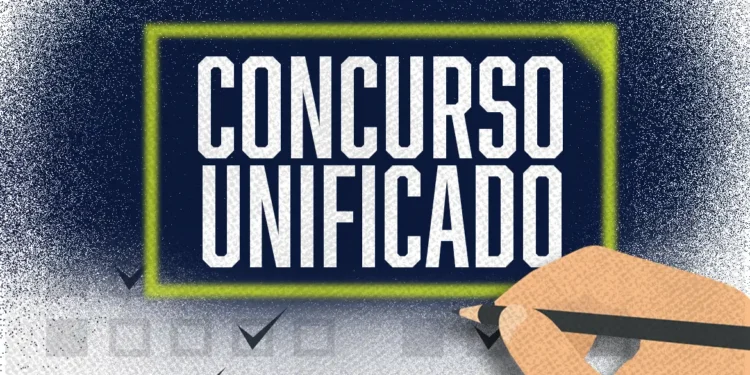 Arte gráfica com o texto "Concurso Unificado" e uma mão preenchendo uma folha de respostas.