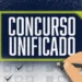 Arte gráfica com o texto "Concurso Unificado" e uma mão preenchendo uma folha de respostas.