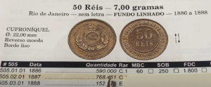 Imagem do catálogo mostrando o valor das moedas de 50 réis, com destaque para as condições de conservação e valor de mercado.