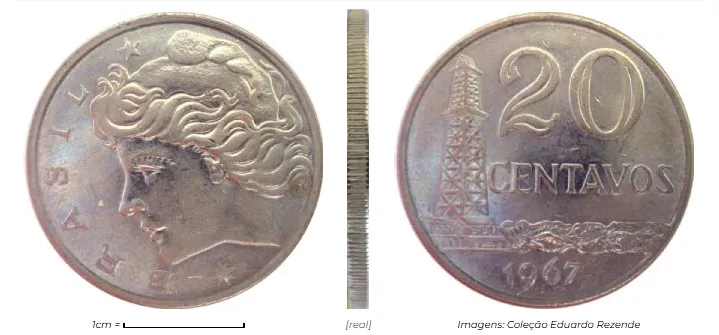 Moeda de 20 centavos de 1967, com a figura de uma mulher e uma torre de petróleo no reverso, representando o contexto econômico e político do Brasil