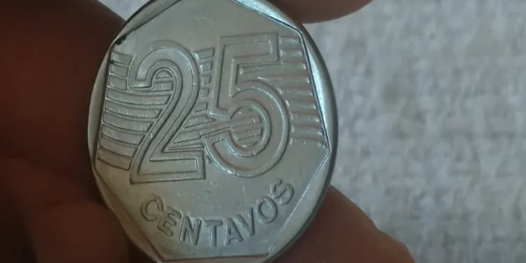 Moeda de 25 centavos de 1995, com design moderno e detalhes em linhas.