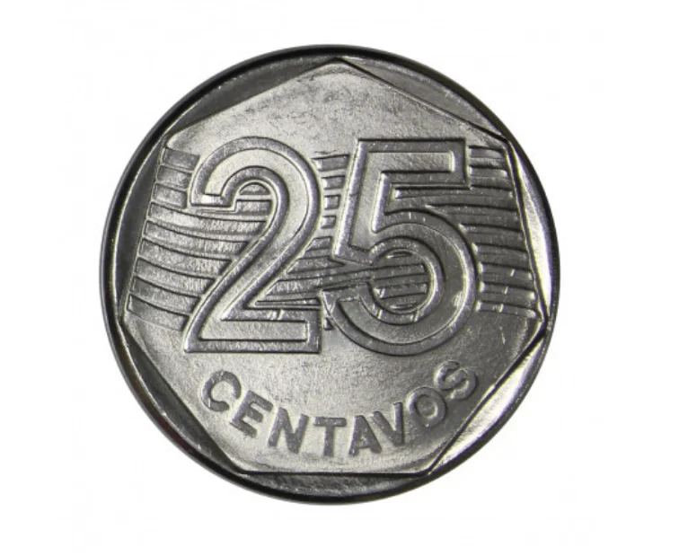 Moeda de 25 centavos com o design da primeira família do rela de 1995, exibindo detalhes do número '25' e a palavra centavos.