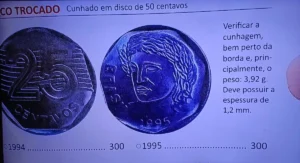 Imagem mostrando uma moeda de 25 centavos com erro de cunhagem, utilizando o disco de 50 centavos de 1995.