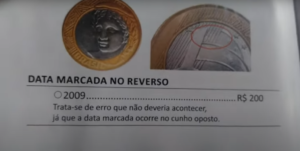 Moeda de 1 real de 2009 com erro de cunhagem raro, apresentando a data marcada no reverso, podendo valer mais de R$200.