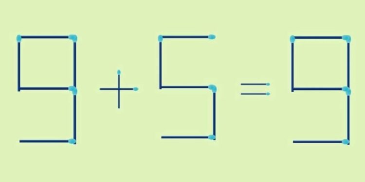 Teste de QI com desafio de matemática visual usando palitos de fósforo para corrigir equação.