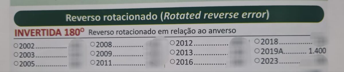 Valores da moeda com reverso invertido