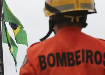 Bombeiro de costas observando as bandeiras do Brasil, representando o concurso Bombeiros DF em andamento.