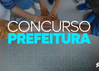 Mãos unidas simbolizando colaboração, com destaque para "Concurso Prefeitura".