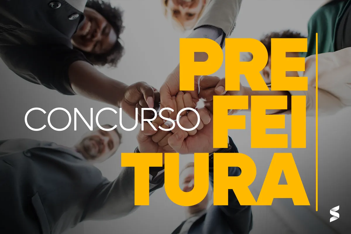 Grupo de pessoas unindo as mãos em sinal de parceria, com destaque para "Concurso Prefeitura".