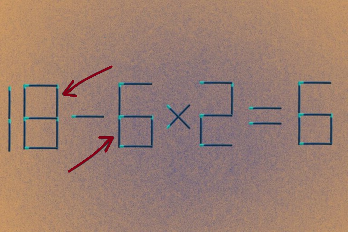 Solução do desafio matemático com erro formada por palitos de fósforo, desafiando a resolução com a adição de dois palitos.