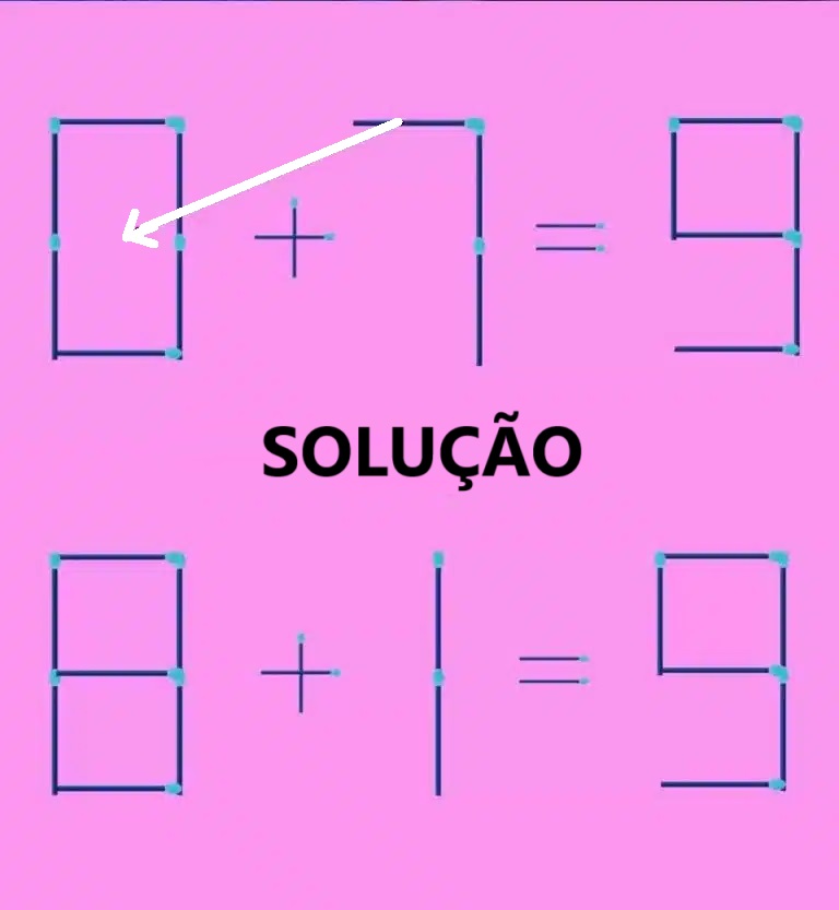 Solução do desafio matemático com uma equação formada por palitos de fósforo, exibindo um erro lógico que precisa ser corrigido.