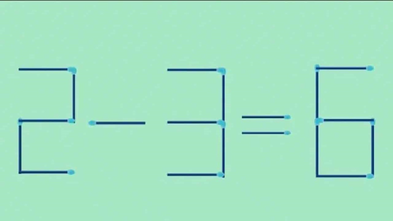 Imagem de uma equação matemática formada por fósforos, mostrando 2 - 3 = 6.