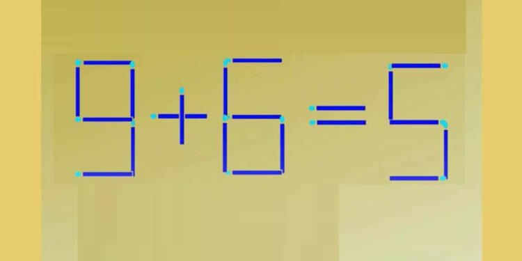 Desafio matemático com palitos de fósforo formando "9+6=5" como um desafio lógico