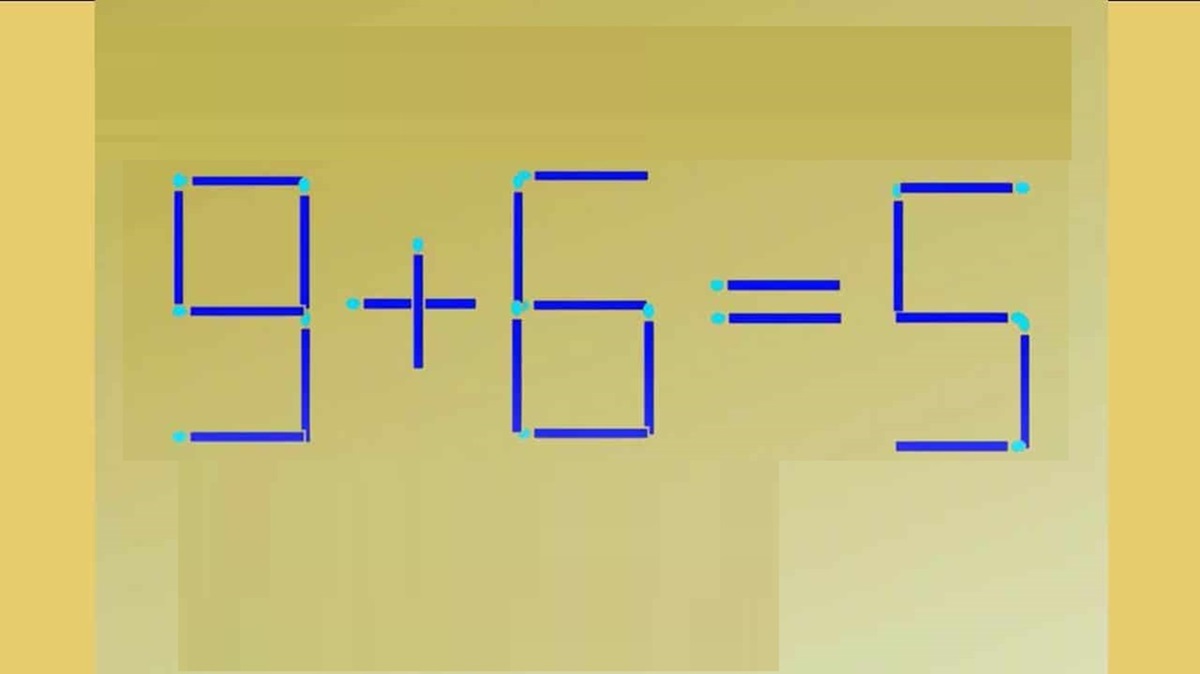 Equação matemática com palitos de fósforo formando "9+6=5" como um desafio lógico.