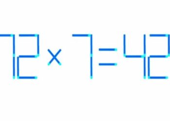 Desafio matemático com uma equação de palitos de fósforo mostrando '72 x 7 = 42' e um erro que precisa ser corrigido.