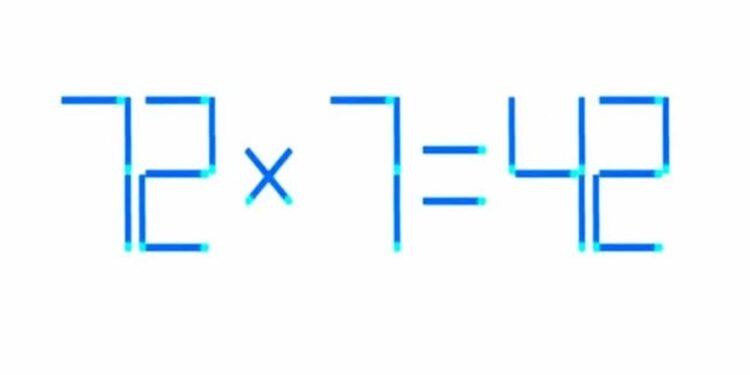 Desafio matemático com uma equação de palitos de fósforo mostrando '72 x 7 = 42' e um erro que precisa ser corrigido.