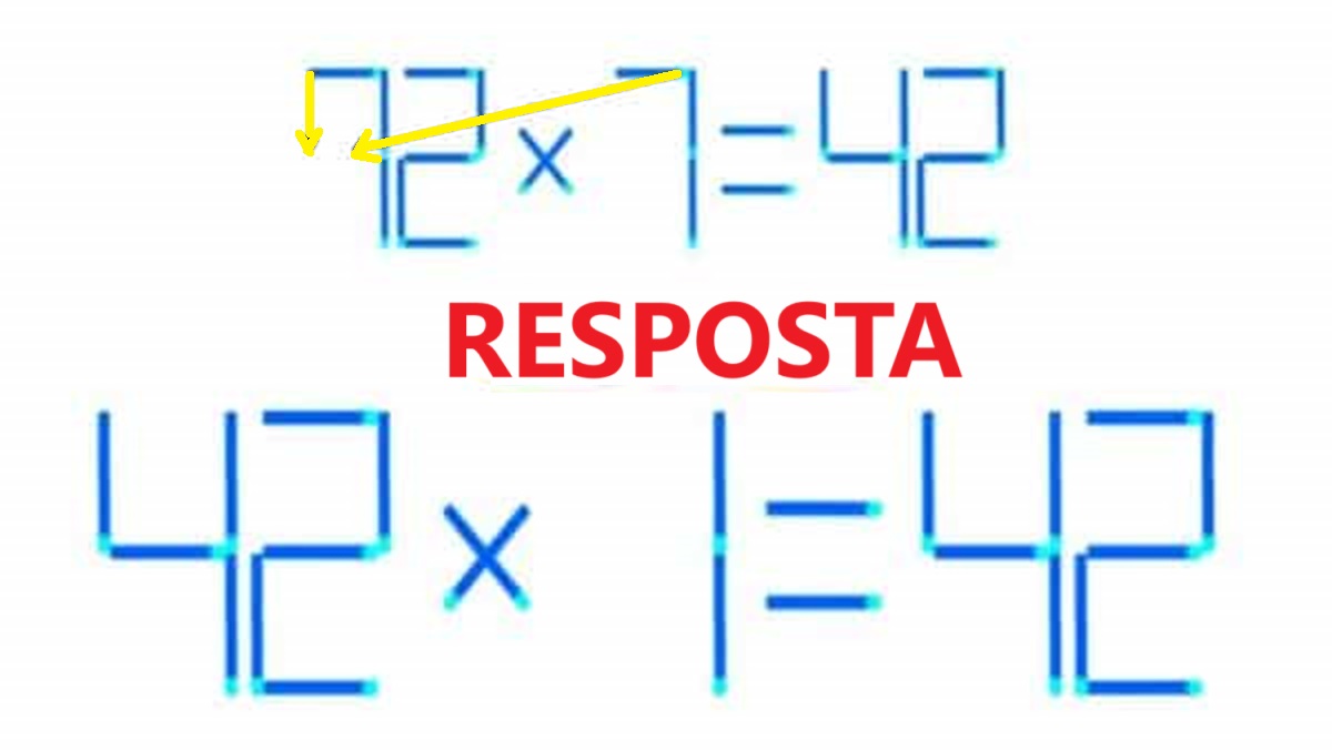 Solução do desafio matemático com uma equação de palitos de fósforo mostrando '72 x 7 = 42' e um erro que precisa ser corrigido.