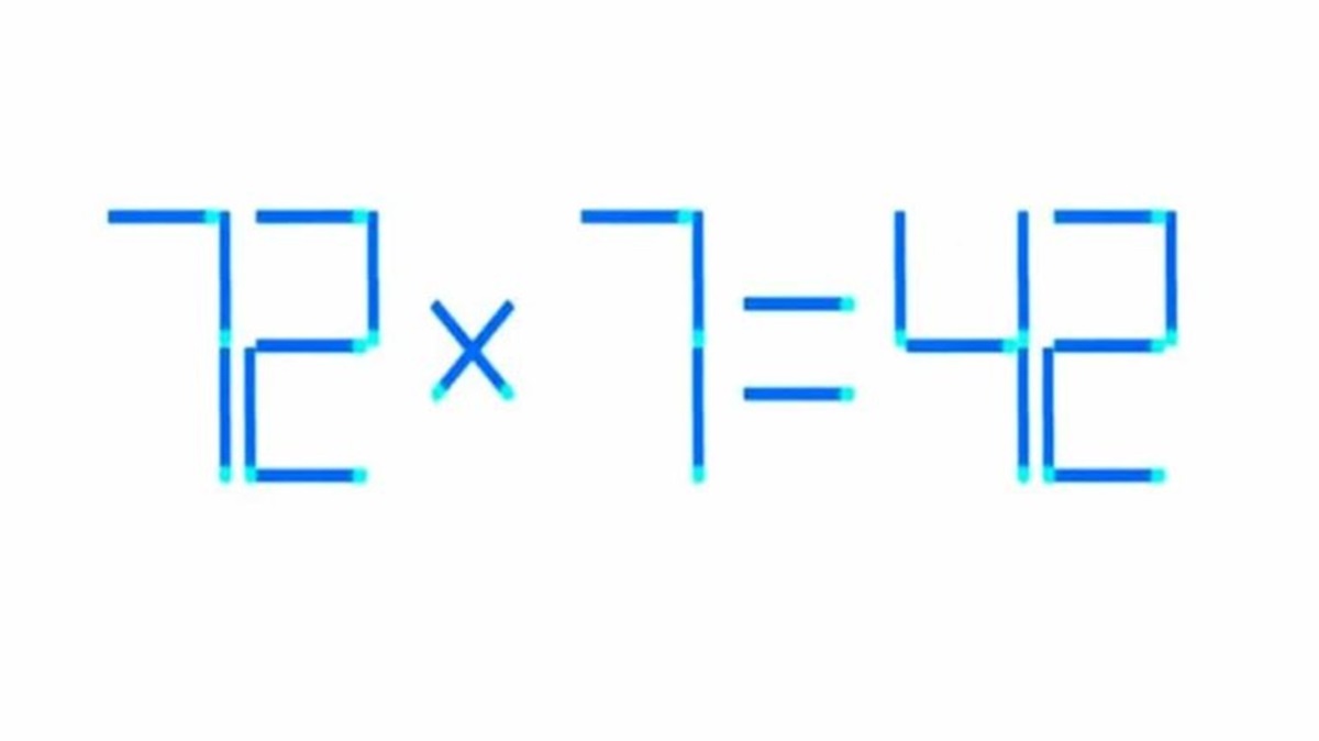 Desafio matemático com uma equação de palitos de fósforo mostrando '72 x 7 = 42' e um erro que precisa ser corrigido.