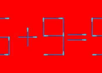 Desafio matemático mostrando uma equação incorreta formada com palitos de fósforo, onde 5 + 9 = 9, e o desafio é mover um único palito para corrigir a equação.