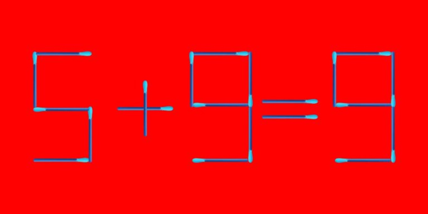 Desafio matemático mostrando uma equação incorreta formada com palitos de fósforo, onde 5 + 9 = 9, e o desafio é mover um único palito para corrigir a equação.