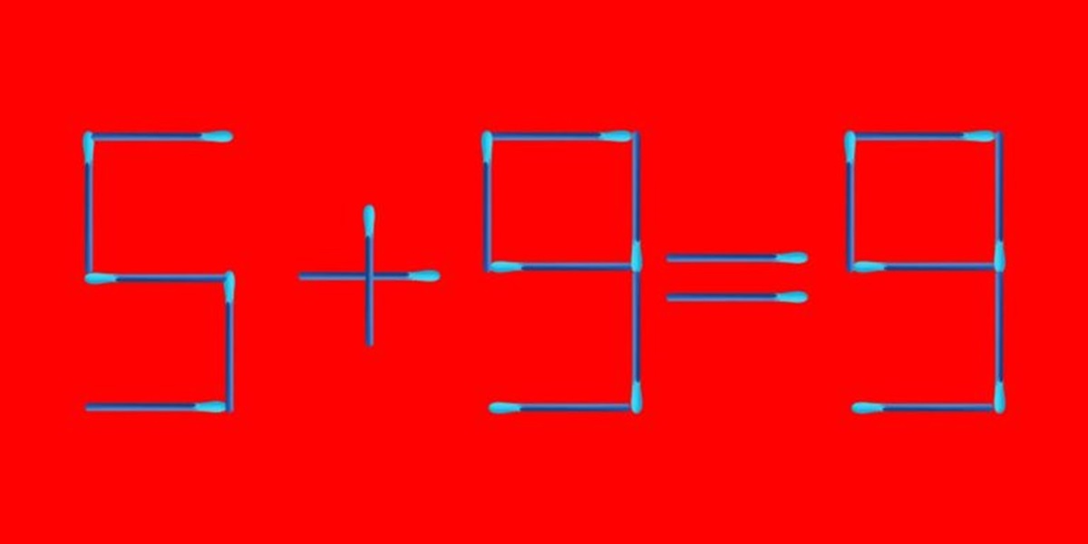 Imagem mostrando uma equação matemática incorreta formada com palitos de fósforo, onde 5 + 9 = 9, e o desafio é mover um único palito para corrigir a equação.