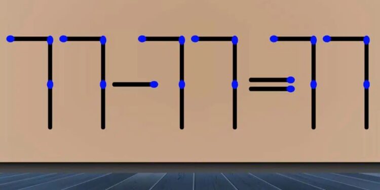 Desafio matemático com uma equação curiosa feita com fósforos mostrando 77 - 77 = 77.