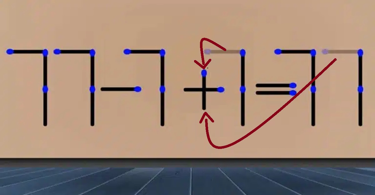 Solução do desafio matemático com uma equação curiosa feita com fósforos mostrando 77 - 77 = 77.