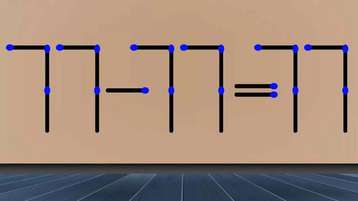 Desafio matemático com uma equação curiosa feita com fósforos mostrando 77 - 77 = 77.