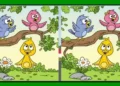 Desafio de raciocínio lógico com ilustração de três passarinhos e um pato amarelo em cenário verde.