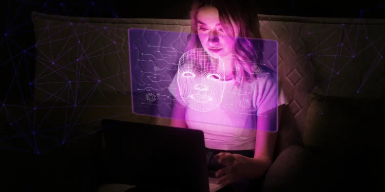 Mulher estudando com inteligência artificial projetada digitalmente na tela