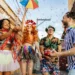 Grupo de amigos fantasiados celebrando o Carnaval com confetes e música nas ruas