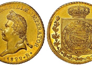 Moeda de 6.400 réis de 1822, conhecida como "Peça da Coroação", feita de ouro.