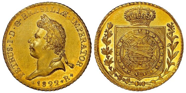 Moeda de 6.400 réis de 1822, conhecida como "Peça da Coroação", feita de ouro.