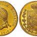 Moeda de 6.400 réis de 1822, conhecida como "Peça da Coroação", feita de ouro.