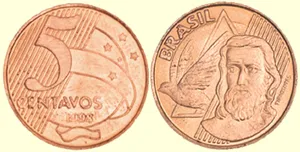 Moeda de 5 centavos do Brasil, com a face de Tiradentes e elementos de design da moeda