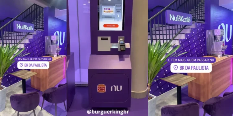 Interior da primeira ‘não agência’ do Nubank na Avenida Paulista, em parceria com o Burger King, com máquinas de autoatendimento e área de café