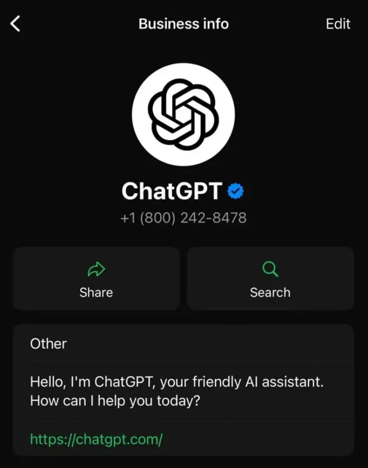 Captura de tela do perfil verificado do ChatGPT no WhatsApp, exibindo número de telefone, site e saudação inicial