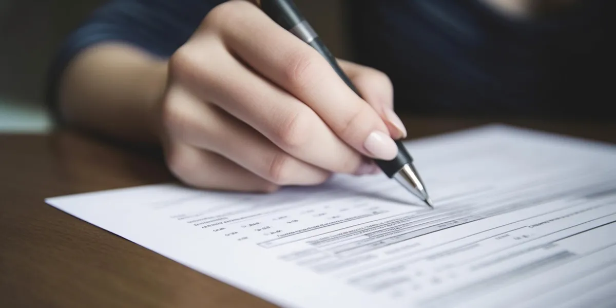  Pessoa preenchendo um formulário de inscrição com uma caneta sobre uma mesa.